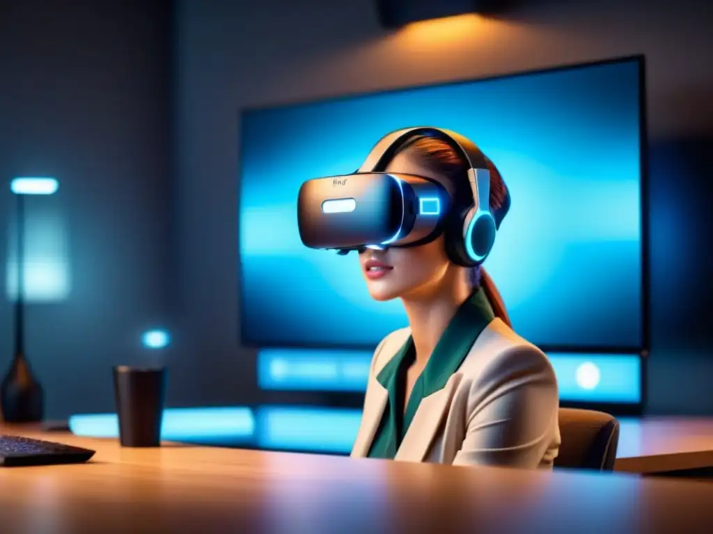 Headset de realidad virtual futurista en ambiente high-tech Headset de realidad mixta en moderno ambiente high-tech con desarrollo interfaces usuario realidad mixta
