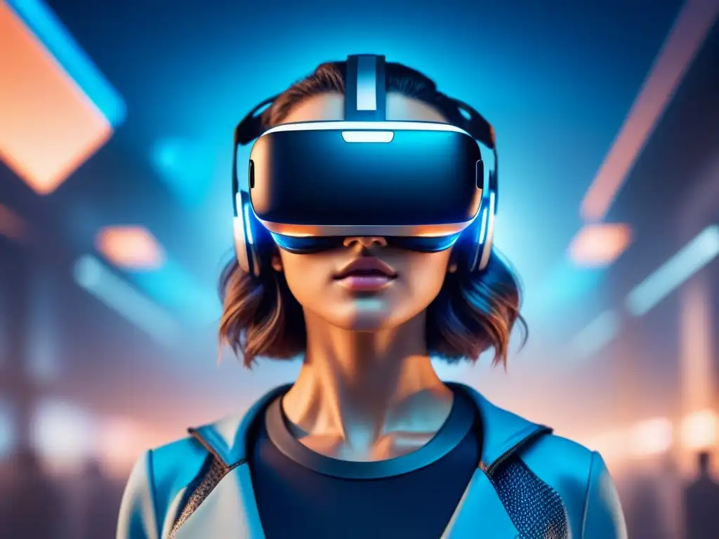 Headset de realidad virtual flotando entre formas geométricas, en tonos azules y plateados futuristas, irradiando elegancia