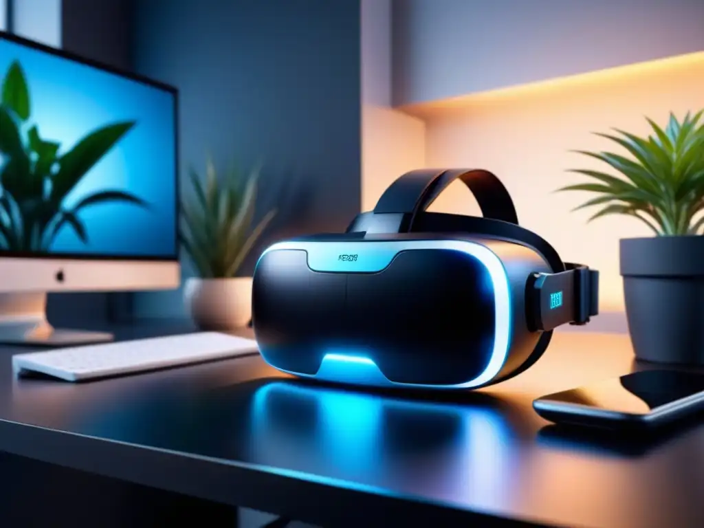 Un headset de realidad virtual futurista iluminado en un elegante escritorio minimalista, reflejando tecnología para pausas activas