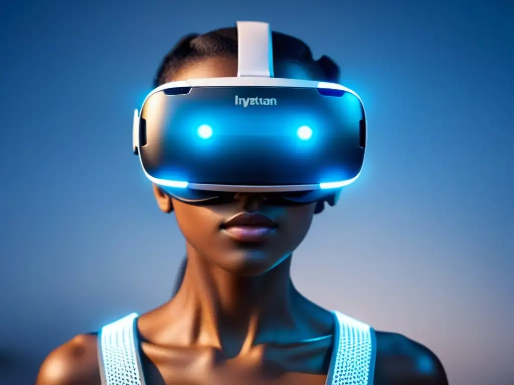 Headset de realidad virtual futurista en azul sobre fondo blanco