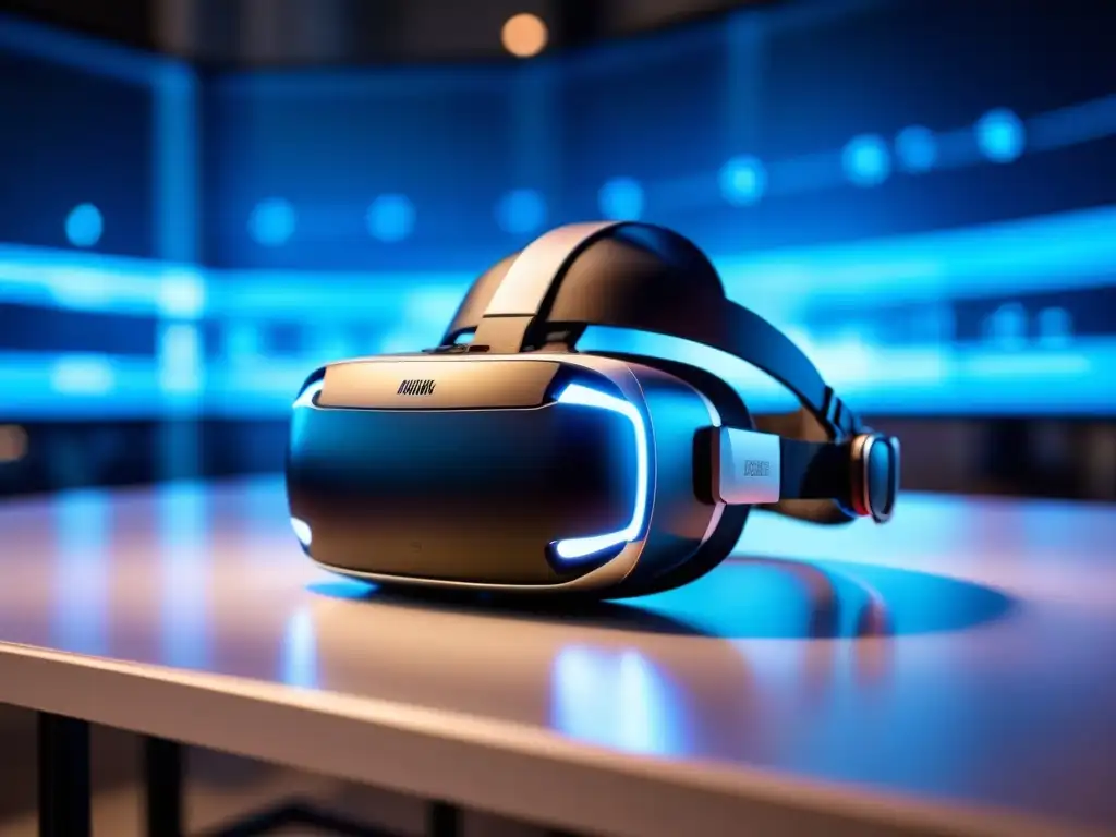 Headset de realidad virtual en mesa blanca iluminado por luz azul, con patrones digitales brillantes