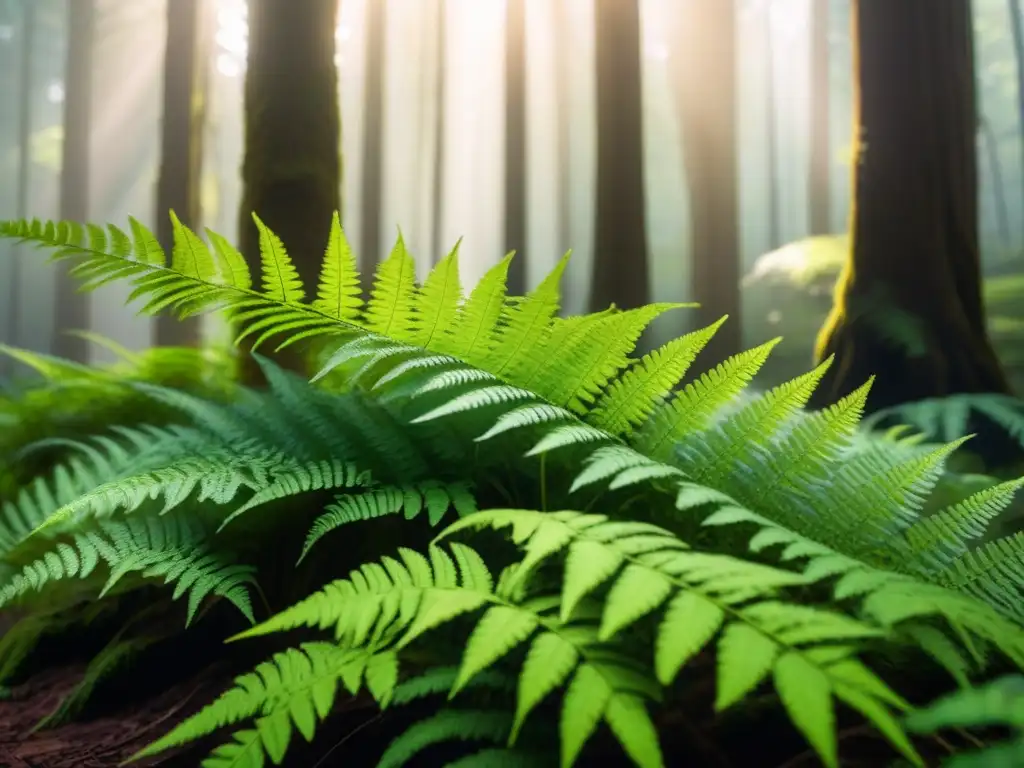 Un helecho delicado desplegando sus frondas en un bosque exuberante, simbolizando crecimiento y la armonía de un ecosistema