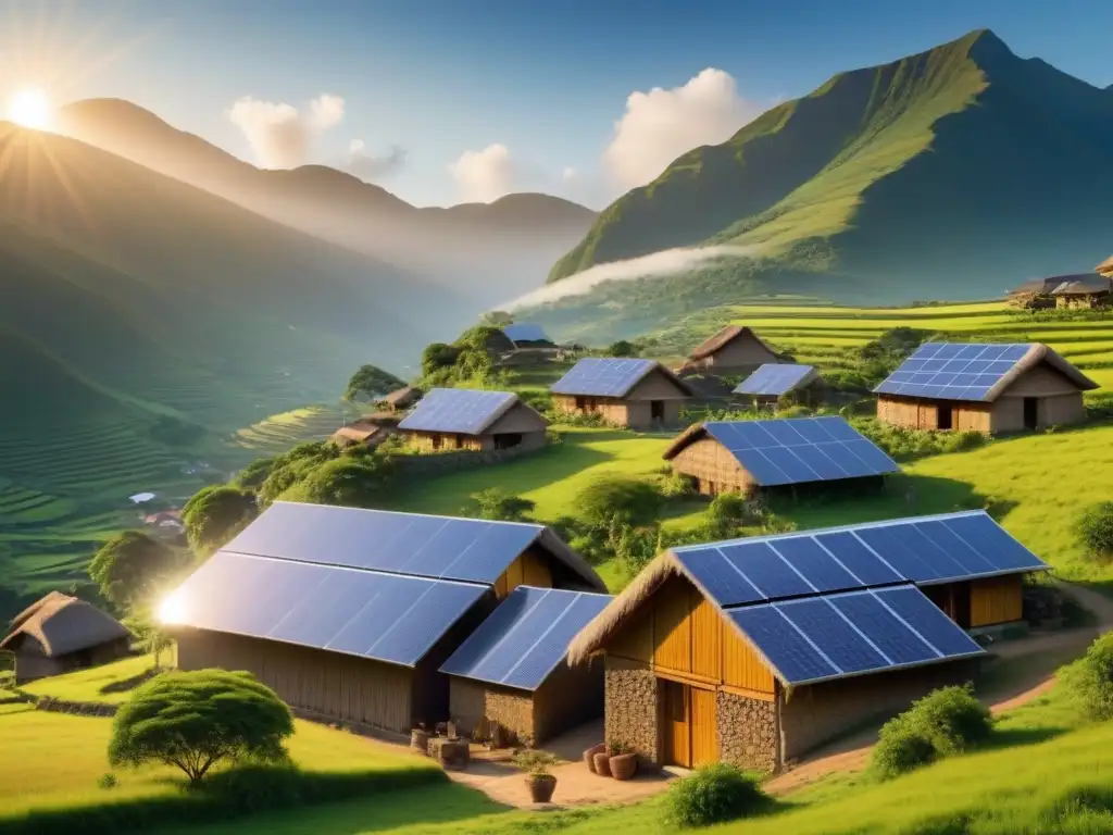 Hermosa aldea remota con paneles solares en techos de casas tradicionales, bajo la cálido atardecer