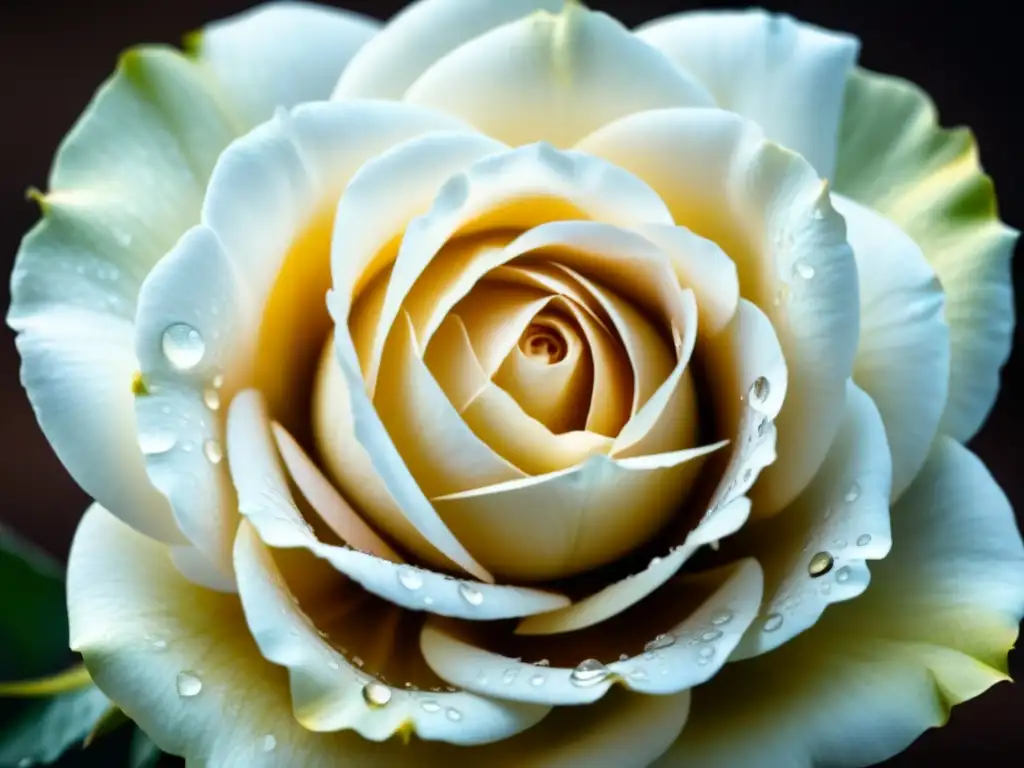 Una hermosa rosa blanca con gotas de rocío bajo la luz natural, destacando la belleza de la naturaleza