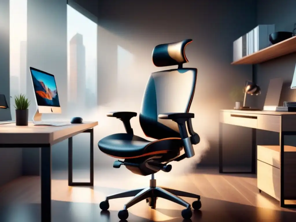 Herramientas ergonómicas para trabajo saludable: silla moderna y ergonómica en un espacio de oficina luminoso y espacioso
