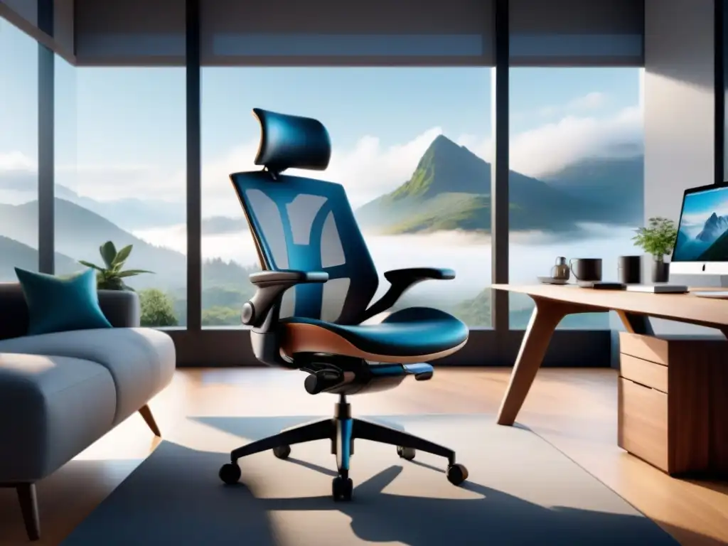 Herramientas ergonómicas para trabajo saludable: una silla futurista y ergonómica en un espacio de oficina organizado y sereno