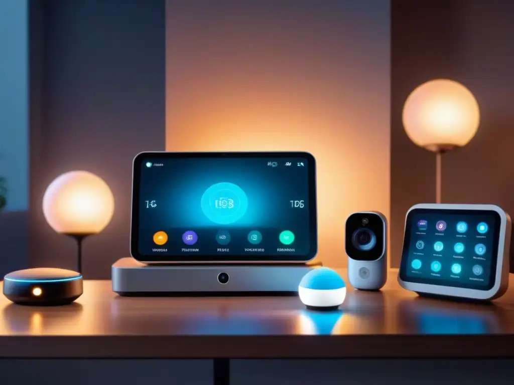 Hogar inteligente con dispositivos IoT interconectados y encriptados, iluminando una habitación