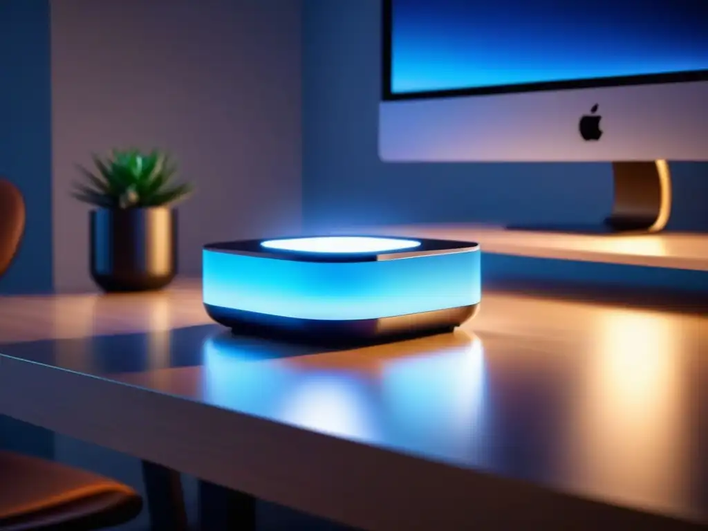 Un hogar inteligente futurista con un hub IoT en integración de sistemas sobre un escritorio minimalista iluminado en azul suave