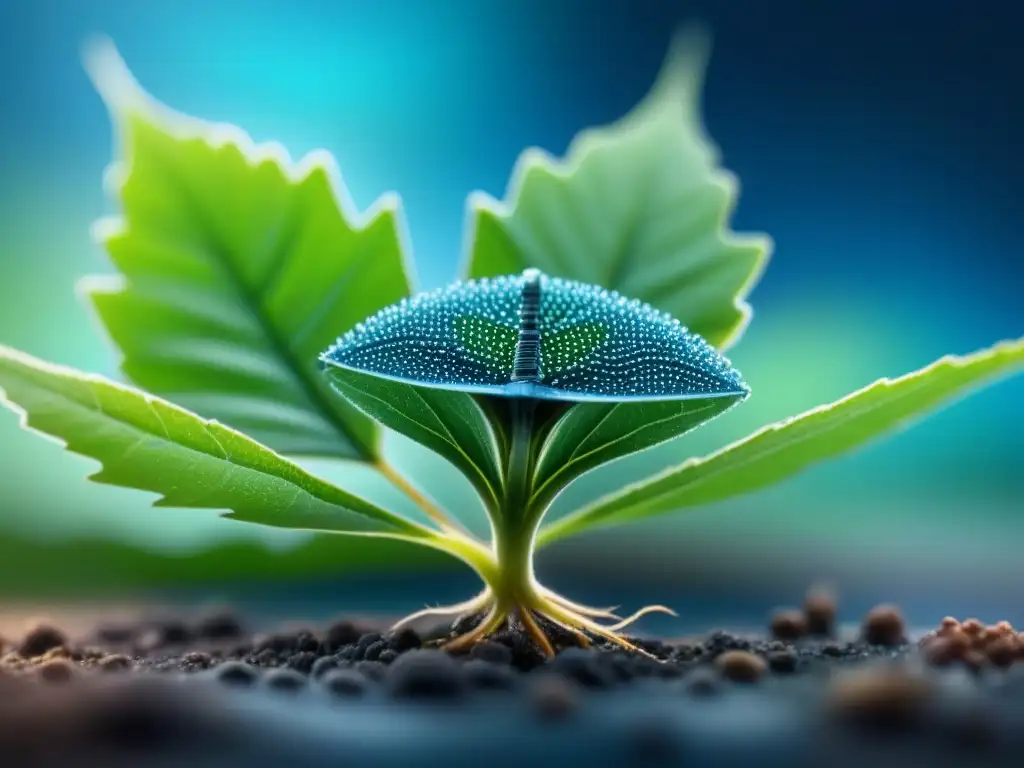 Nanobot restaurador de hoja: tecnología contra el cambio climático Nano robot reparando hoja dañada, lucha cambio climático con nanotecnología
