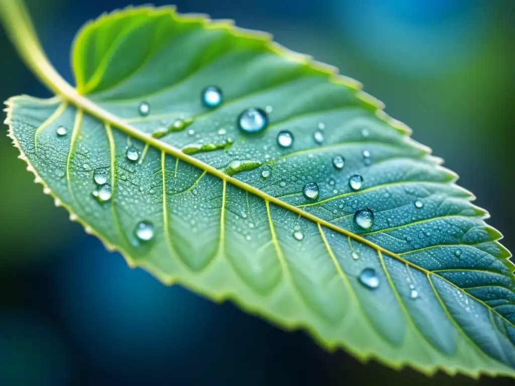 Hoja de planta modificada genéticamente con patrones intrincados en tonos verdes y azules