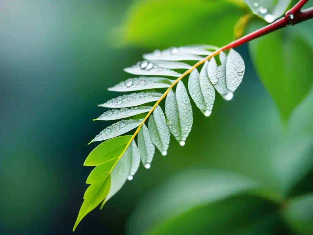 Una hoja de sauce blanca con venas detalladas y gotas de agua, simbolizando medicamentos derivados de plantas innovadores