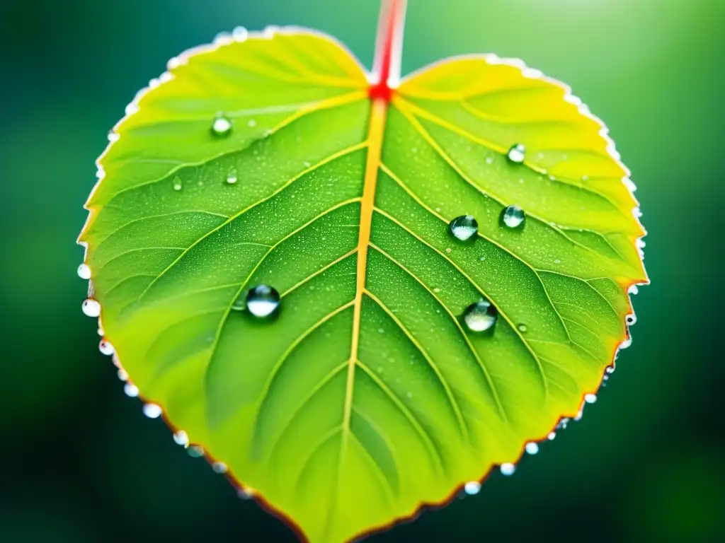 Una hoja verde vibrante cubierta de gotas de agua, reflejando la luz del sol como prismas