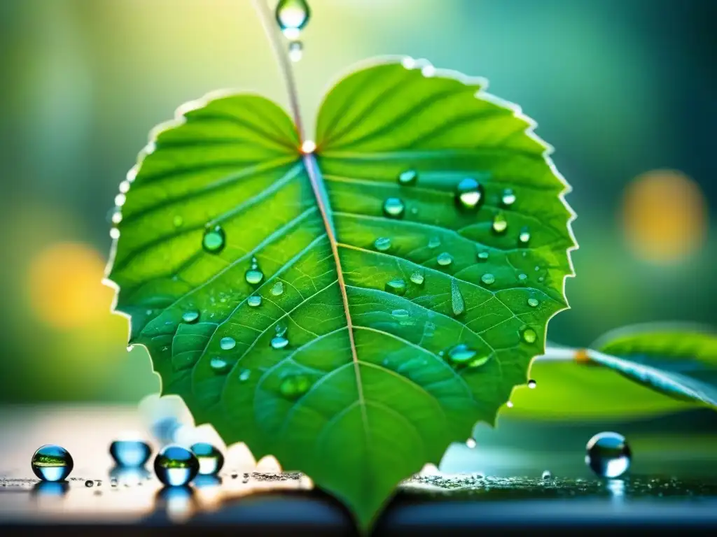 Hoja verde vibrante con venas detalladas y gotas de agua brillantes bajo el sol, contrastando con un laboratorio científico difuminado