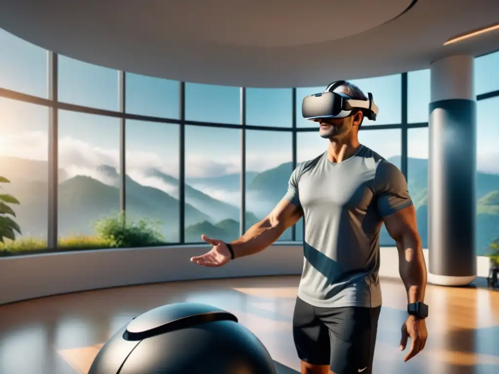 Un hombre hispano en rehabilitación usa realidad virtual en salud, concentrado en sus ejercicios