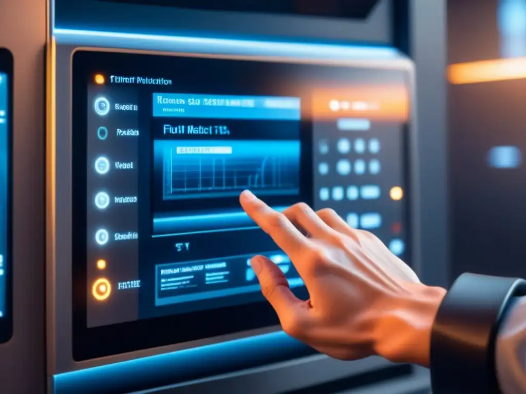 Interacción hombremáquina control maquinaria: Mano tocando pantalla futurista de control de maquinaria con elegancia y precisión