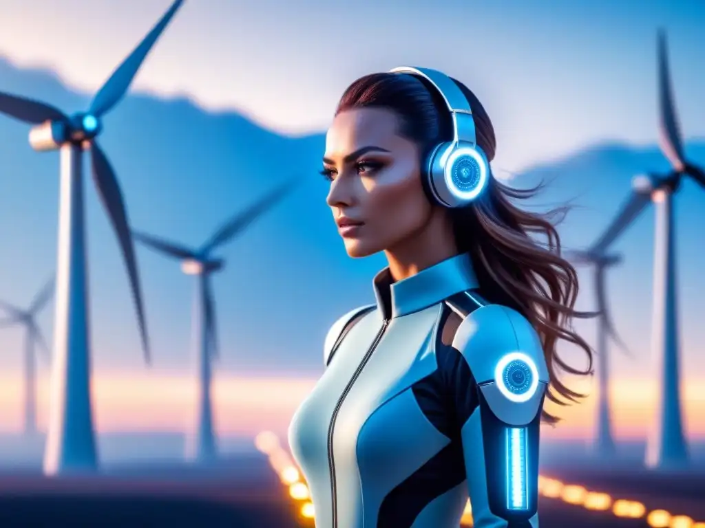 Interfaz humano-máquina futurista en entorno industrial sostenible Interacción hombremáquina en sostenibilidad: diseño futurista con patrones de circuitos en azul sobre energía renovable y fondo blanco
