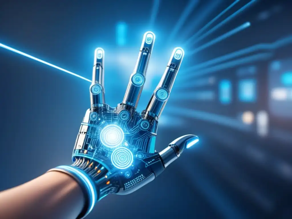 Interacción hombre-máquina: un futuro sostenible en la industria Interacción hombremáquina en sostenibilidad: mano humana tocando interfaz futurista, conexión entre persona y tecnología en industria moderna