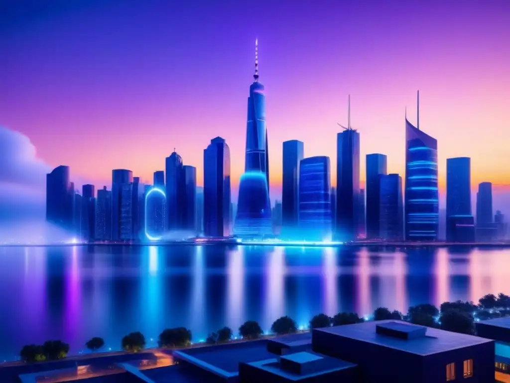 Un horizonte de ciudad futurista al atardecer, con rascacielos brillantes reflejando la innovación de la tecnología 5G