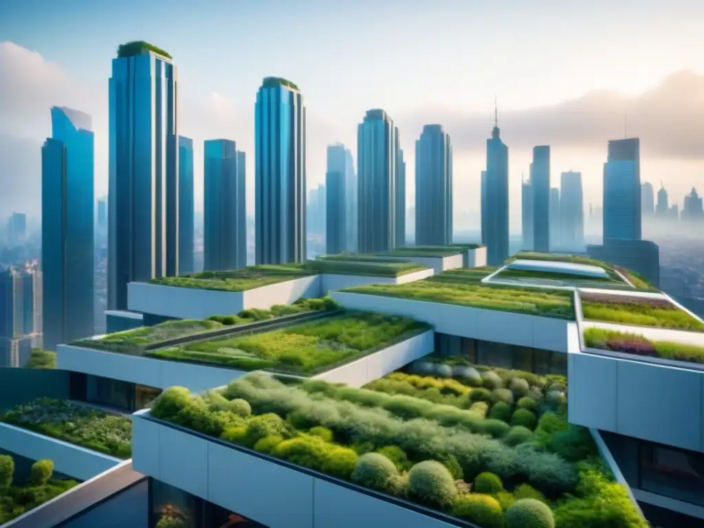 Un horizonte de ciudad futurista se fusiona con la exuberante vegetación, mostrando soluciones innovadoras de bioingeniería ambiental