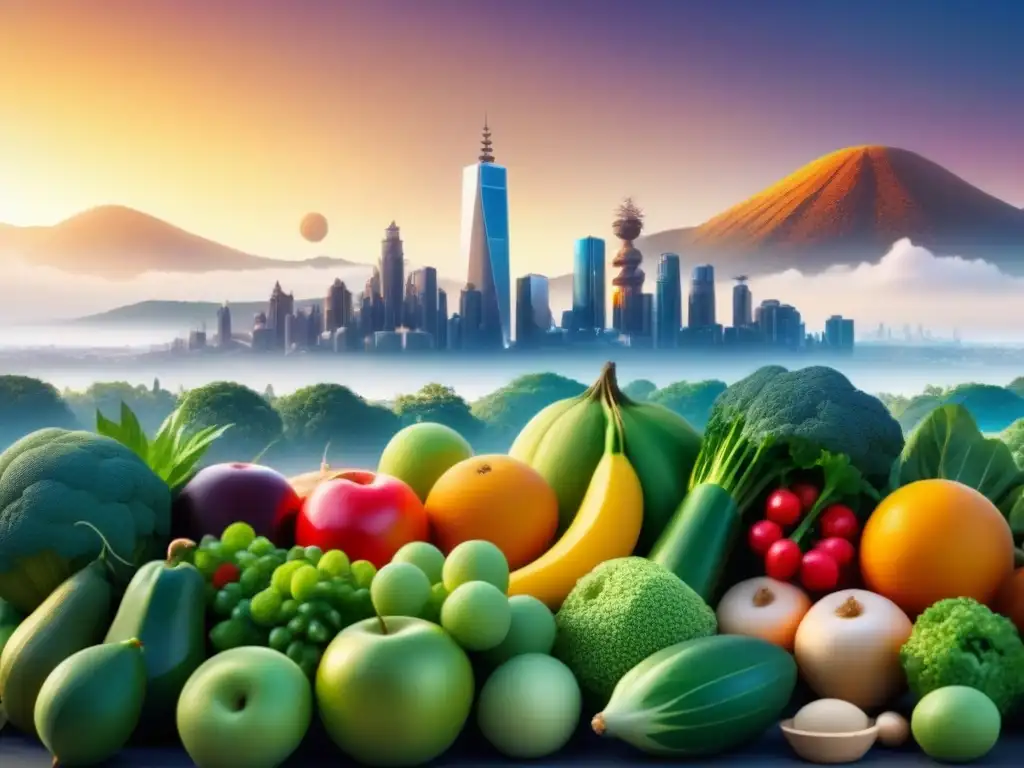 Un horizonte de ciudad futurista hecho con alimentos sostenibles como frutas, verduras y granos