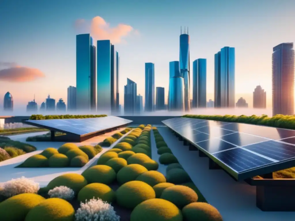 Un horizonte futurista con arquitectura sostenible, paneles solares y techos verdes