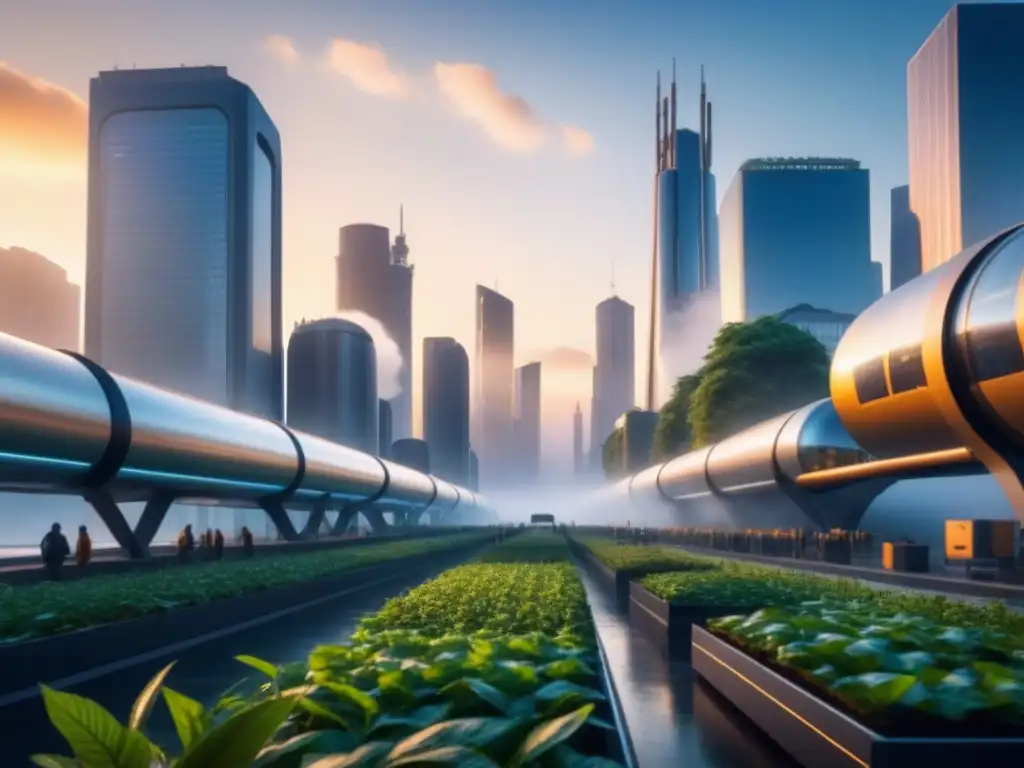 Un horizonte futurista al atardecer con rascacielos e instalaciones de reciclaje en la base