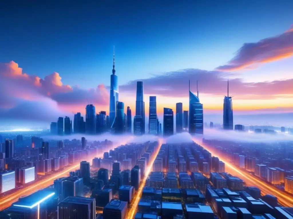 Metrópolis futurista: IA en la gestión empresarial Horizonte futurista de la ciudad al anochecer con rascacielos iluminados y conexiones de datos brillantes, representando Aplicaciones de Inteligencia Artificial Empresarial