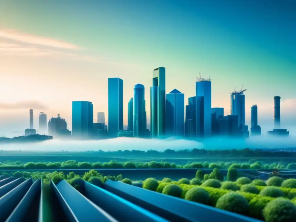 Un horizonte futurista con fábricas ecoamigables integradas en la ciudad, simbolizando innovaciones en la industria limpia de biocombustibles