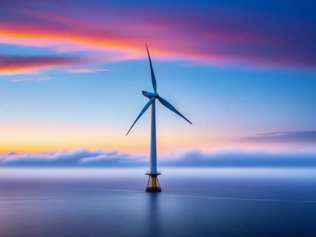 Horizonte marino al amanecer con molino eólico, reflejando la belleza y el impacto ambiental de la energía eólica offshore