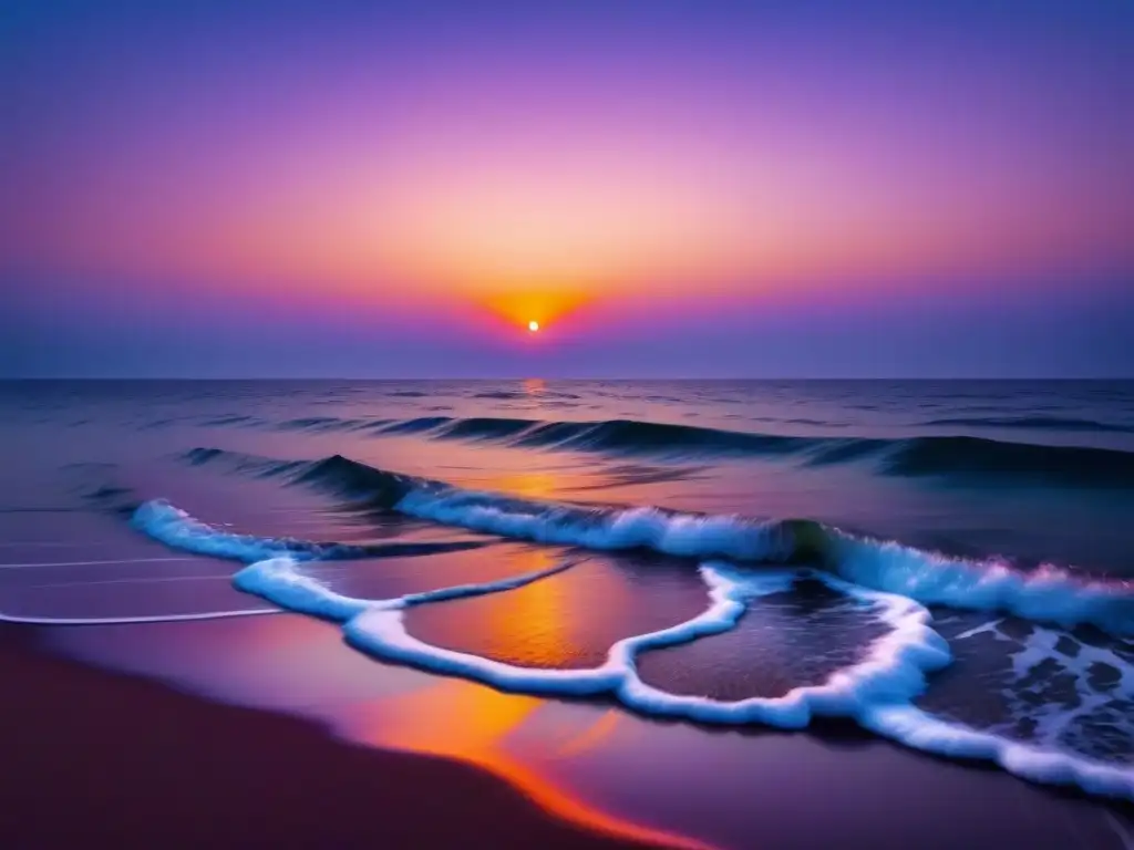 Un horizonte oceánico vasto al atardecer, reflejando en aguas tranquilas los colores cálidos del sol poniente