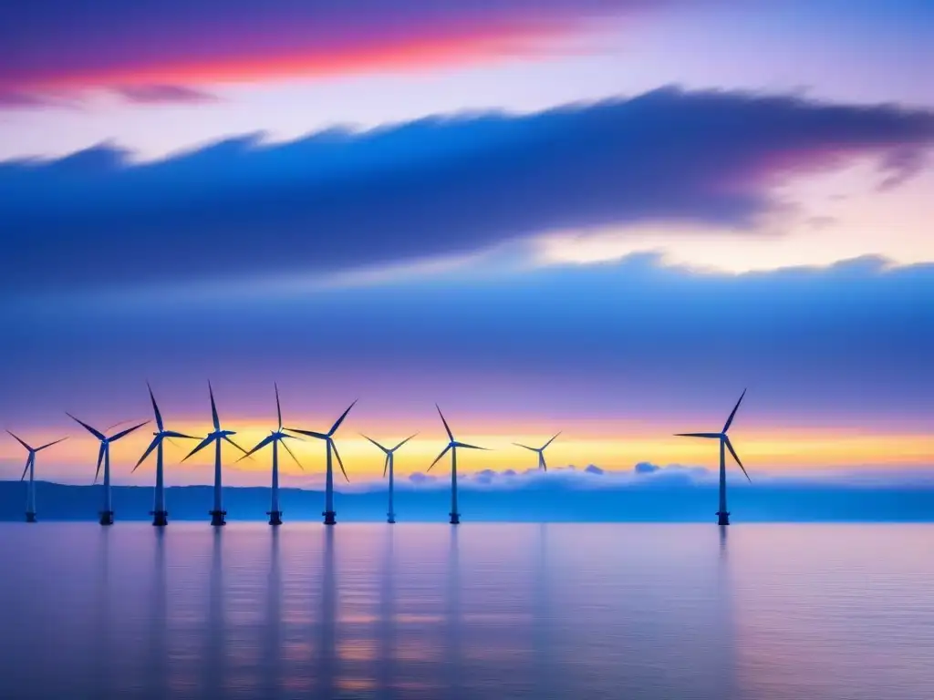 Un horizonte tranquilo y sostenible: granja eólica offshore al atardecer, reflejando el desarrollo sostenible