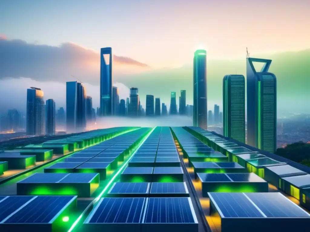 Horizonte urbano futurista al anochecer con dispositivos de energía verde interconectados, mostrando la armonía entre tecnología y sostenibilidad