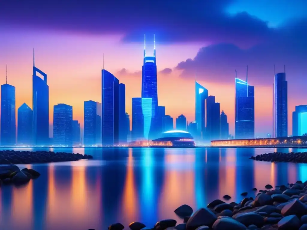 Un horizonte urbano futurista con edificios iluminados reflejados en el agua, integrando conceptos de coberturas de responsabilidad civil innovadoras