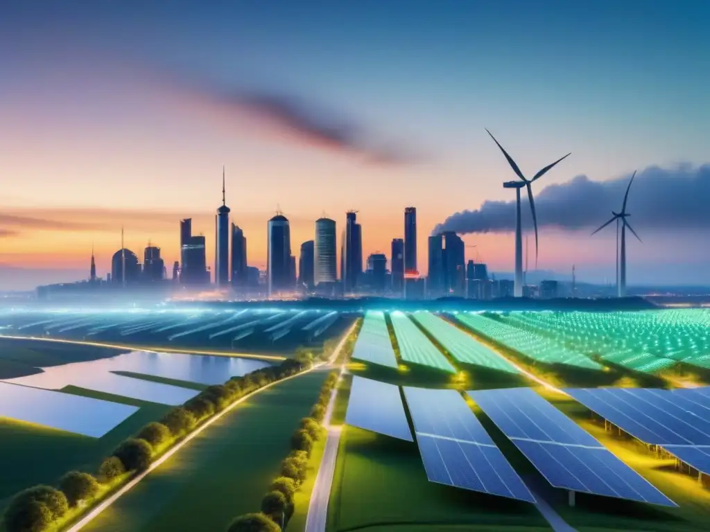 Un horizonte urbano futurista iluminado por energías renovables transformando economía global