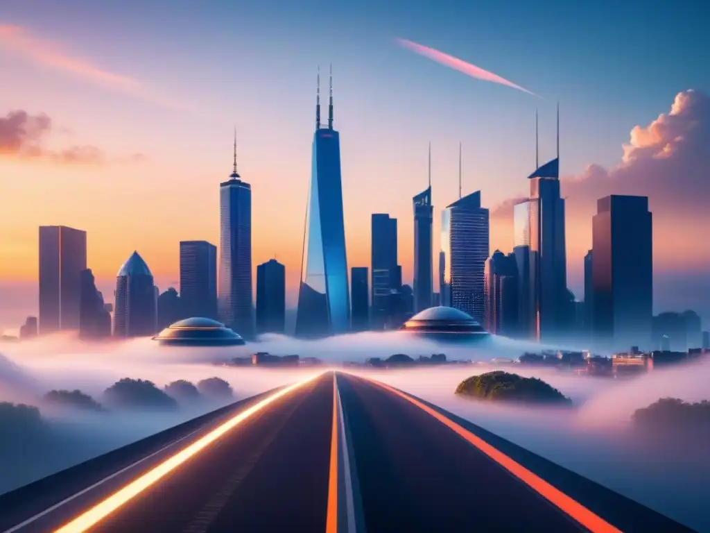 Metrópolis futurista: innovación y crecimiento empresarial Un horizonte urbano futurista con líneas luminosas entrelazadas, representando un modelo de negocio innovador al amanecer