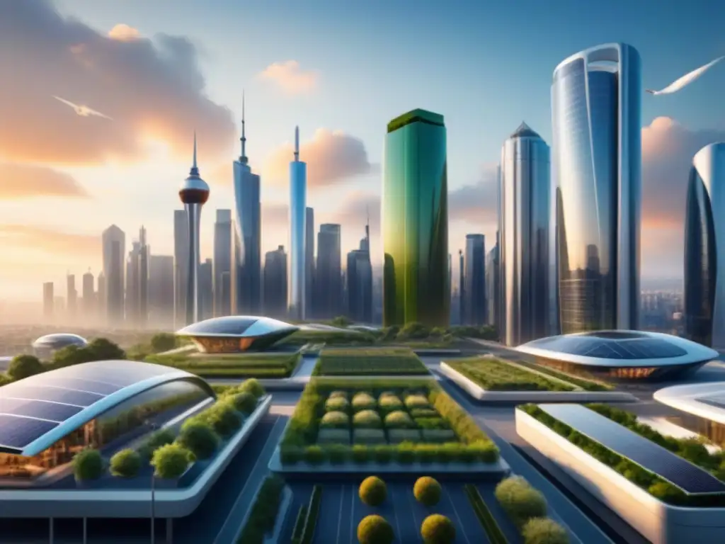 Un horizonte urbano futurista con modelos de negocio sostenibles en acción al atardecer