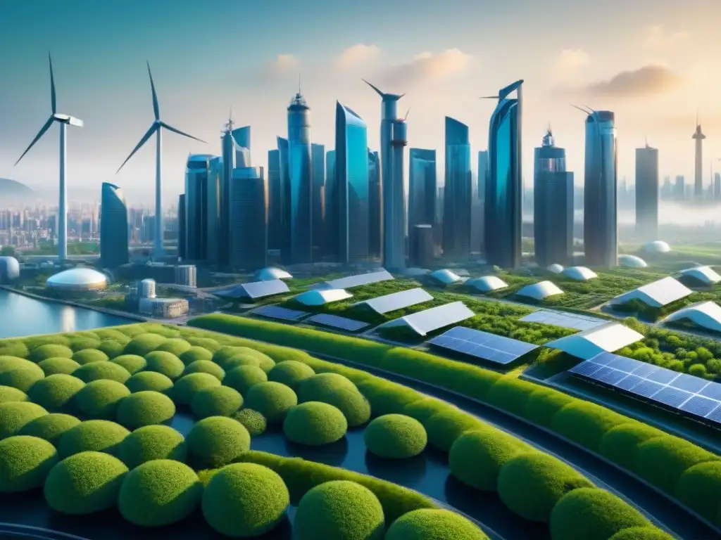 Un horizonte urbano futurista con negocios sostenibles economía circular: turbinas eólicas, techos verdes y paneles solares integrados