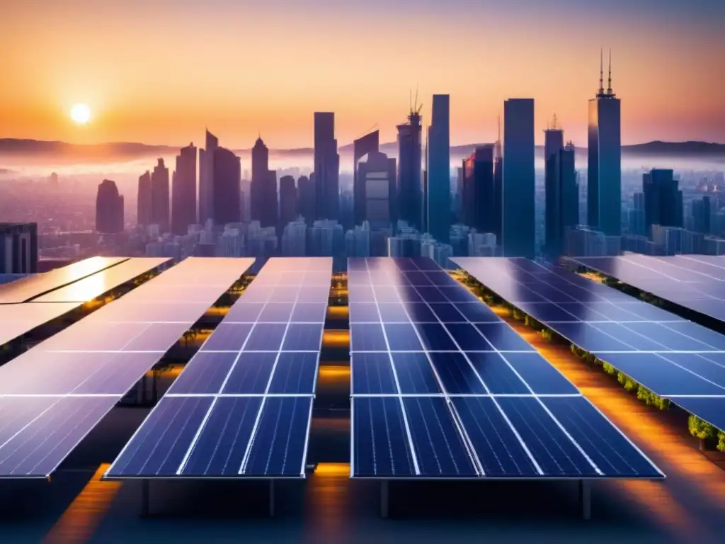 Un horizonte urbano futurista con paneles solares integrados, resaltando la integración de energía renovable en infraestructuras existentes