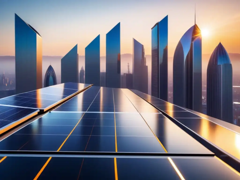 Skyline futurista con paneles solares integrados Un horizonte urbano futurista con paneles solares integrados de forma elegante, reflejando los rayos del sol en una sinfonía de energía limpia