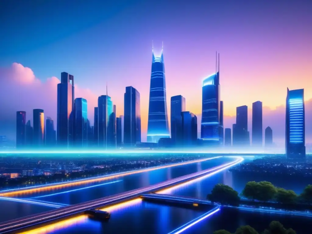 Horizonte urbano futurista al anochecer, con rascacielos iluminados por luces de neón, conectados por redes de datos brillantes