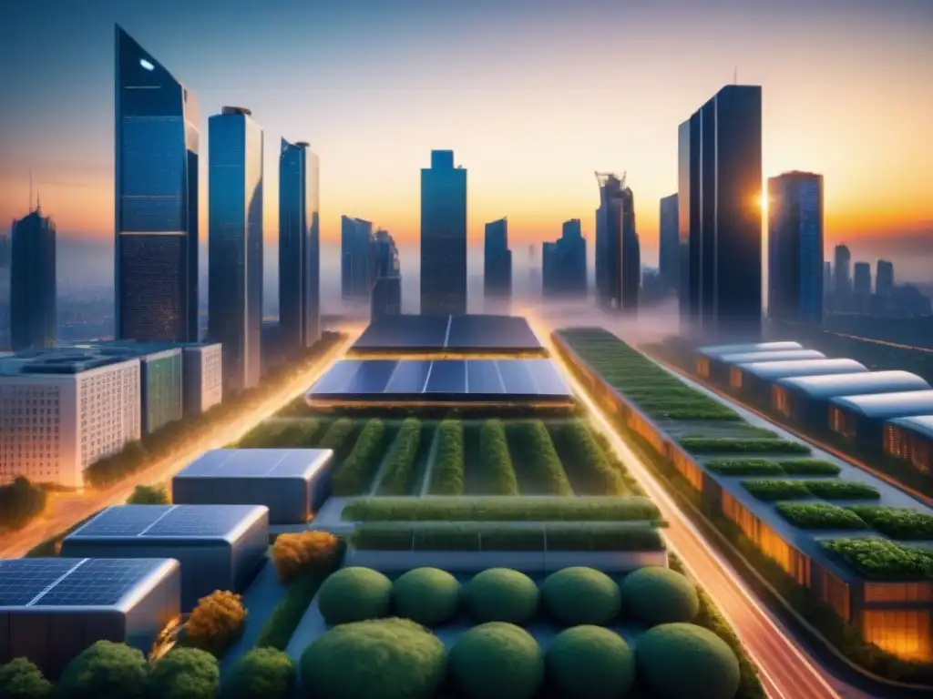 Un horizonte urbano moderno con rascacielos y vegetación, iluminado por microredes urbanas de energía sostenible al atardecer