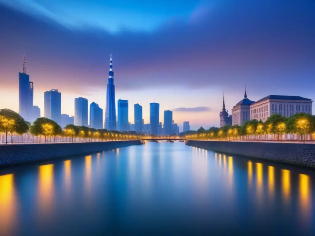 Horizonte urbano moderno al anochecer, reflejos en el río