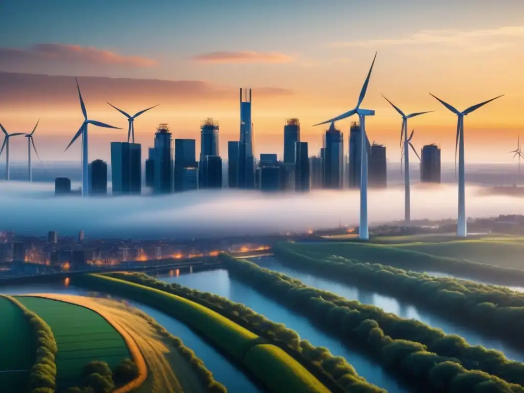 Un horizonte urbano con turbinas eólicas integradas entre edificios al anochecer, simbolizando el desarrollo sostenible energías renovables