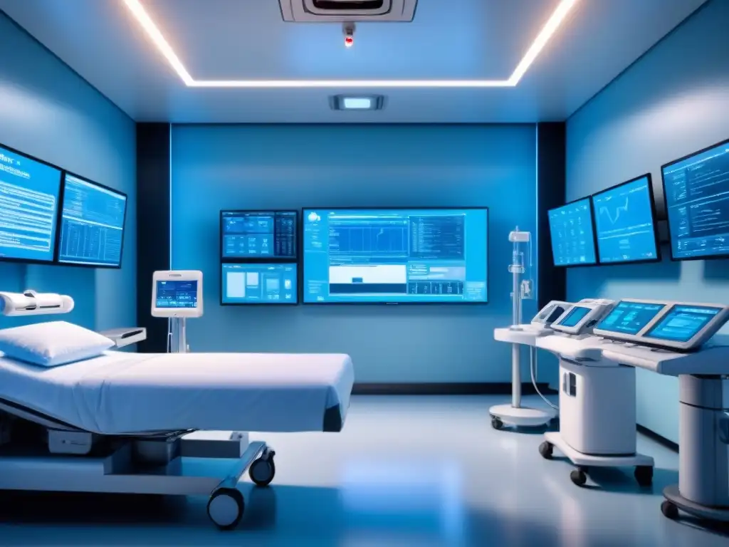 Un hospital futurista con equipos médicos avanzados y monitores mostrando datos en tiempo real, bañado en una luz azul suave