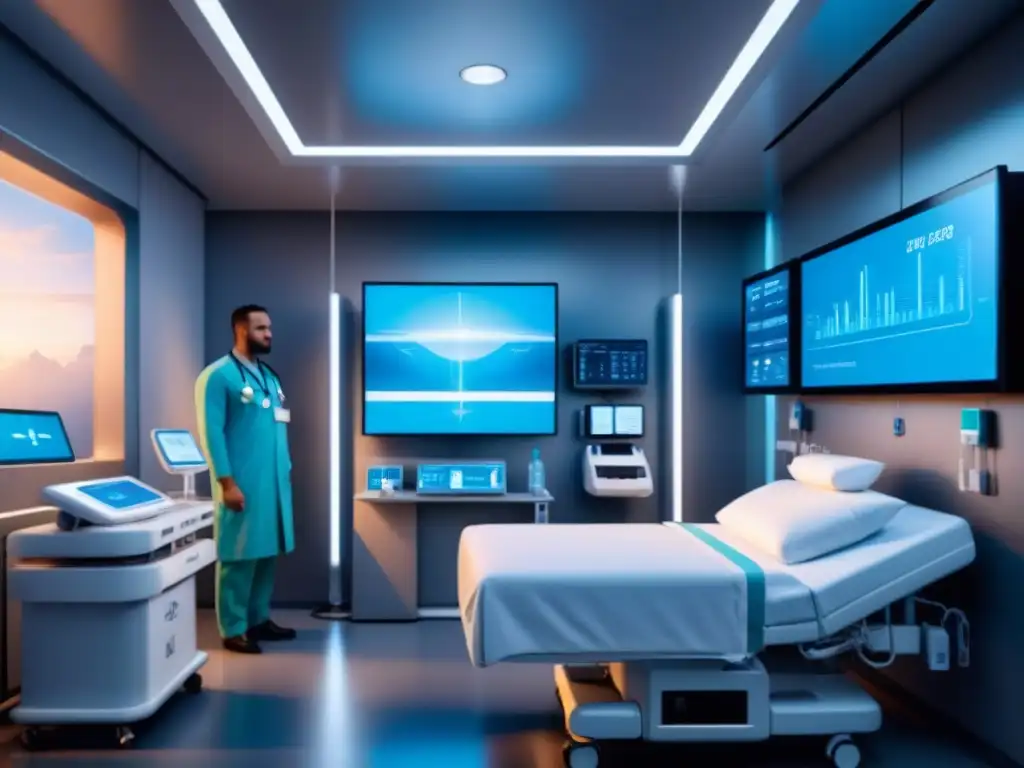 Un hospital futurista con tecnología 5G, iluminado suavemente