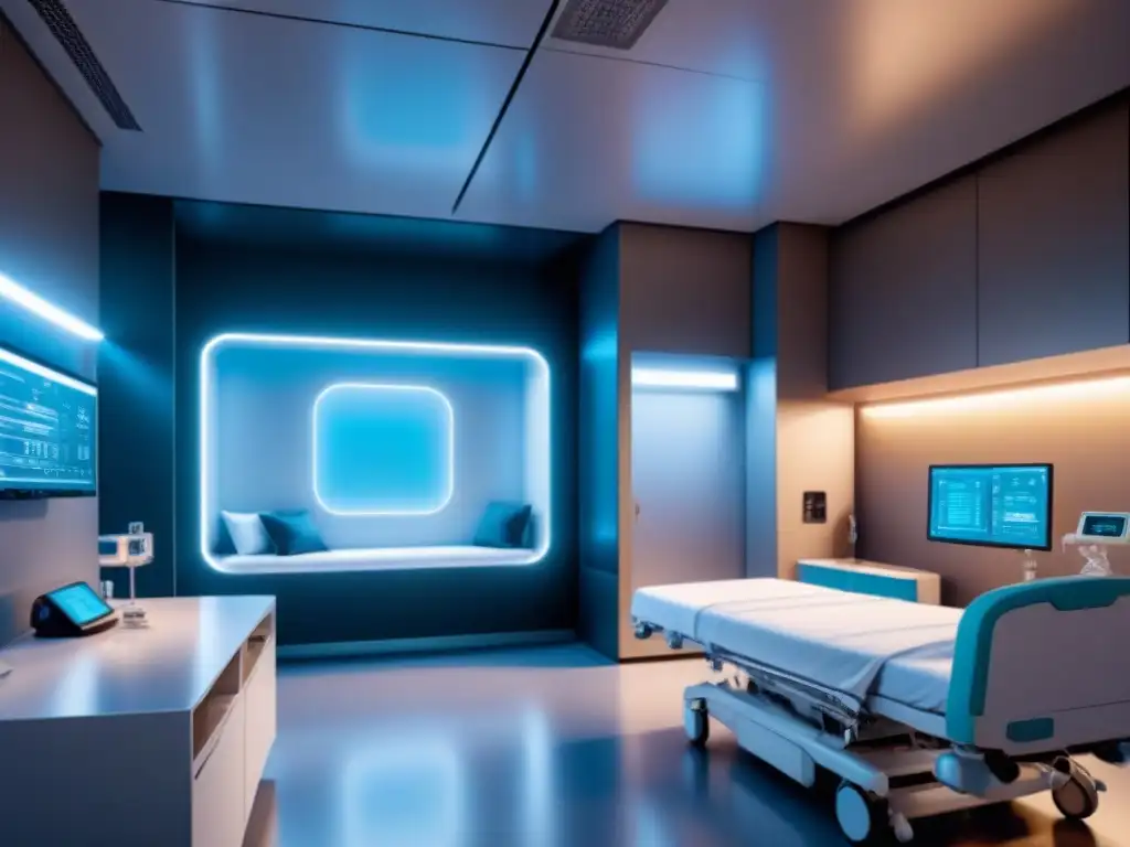 Un hospital futurista con sensores fotónicos en medicina integrados en sus paredes y equipos, emitiendo una luz ambiental innovadora