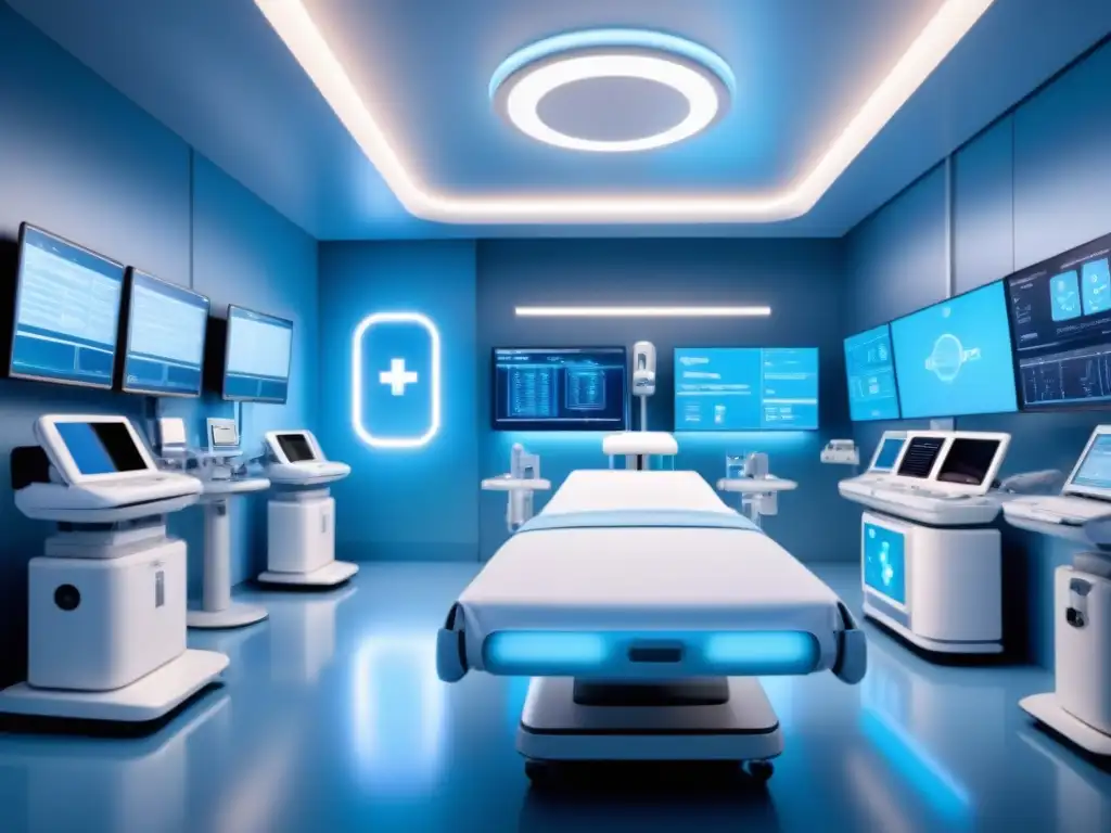 Un hospital futurista con tecnología de Inteligencia Artificial en Salud, iluminado en azul, muestra avanzados dispositivos AI