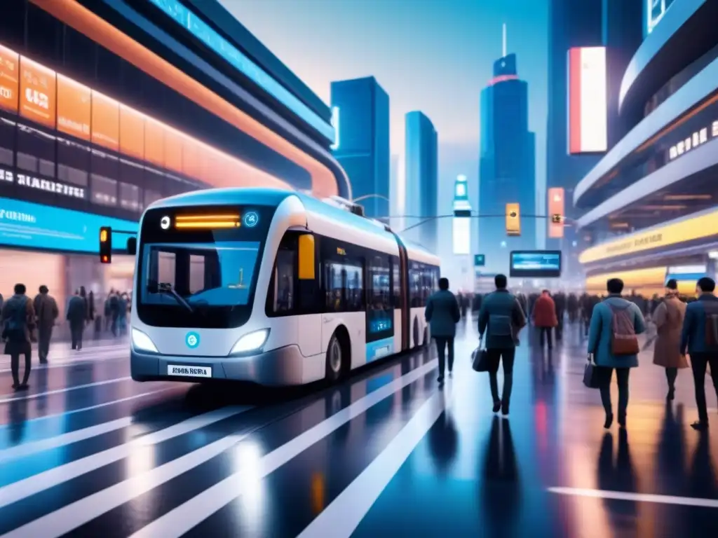 Un hub de transporte público futurista con vehículos conectados y sistemas inteligentes en una ciudad moderna