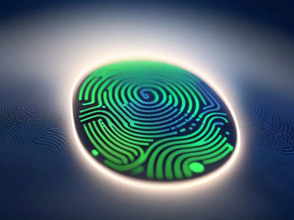 Digital fingerprint: innovación y seguridad en software Una huella digital digital elegante y minimalista con código binario entrelazado, símbolos de copyright y iconos de software, en tonos azules y verdes
