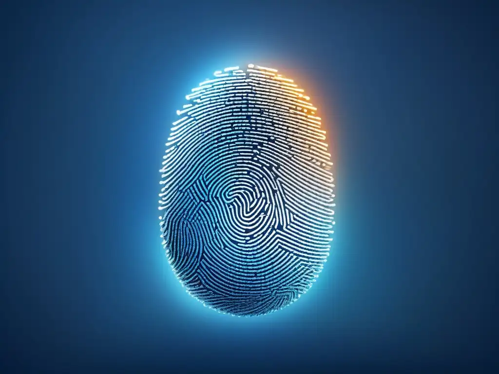Plagio tecnológico: huella digital binaria en azules metálicos Una huella digital digital con patrones de código binario, simbolizando la gestión de derechos de autor en tonos azules y metálicos